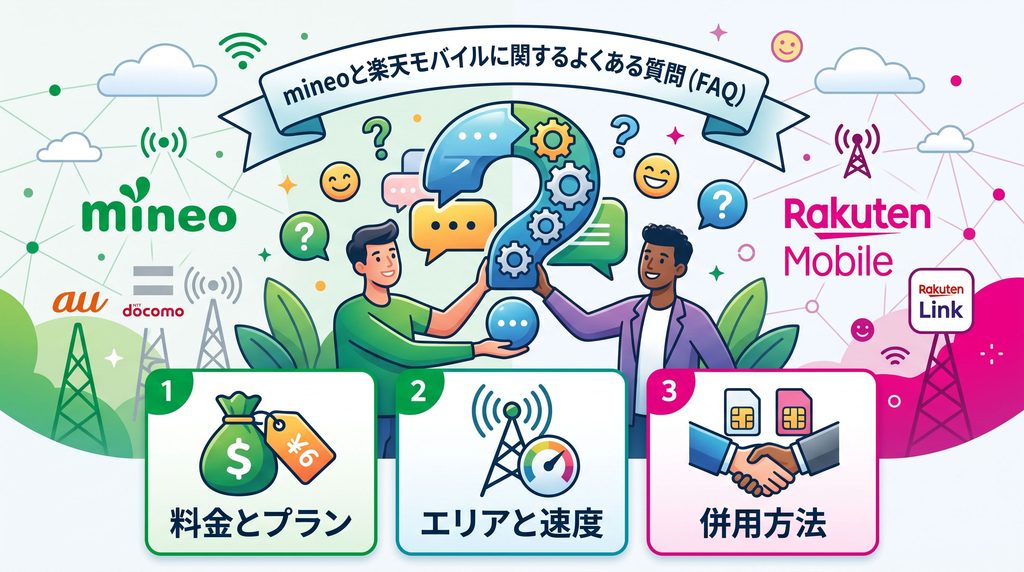 mineoと楽天モバイルに関するよくある質問(FAQ)をまとめたインフォグラフィック画像。中央の大きなクエスチョンマークを中心に、①料金とプラン、②エリアと速度、③併用方法の3大疑問を整理したQ&A解説イラスト。