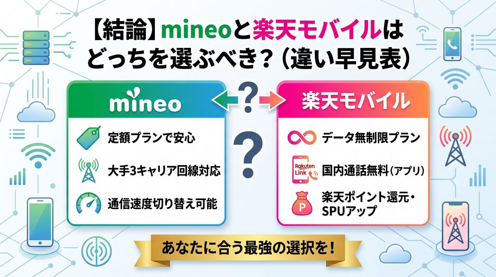 mineoと楽天モバイルの比較結論早見表。左にmineo(定額プラン・大手3キャリア回線対応・通信速度切り替え可能)、右に楽天モバイル(データ無制限プラン・Rakuten Link国内通話無料・楽天ポイント還元SPUアップ)の特徴を対比し、自分に合う最適な選び方を解説した比較チャート画像。