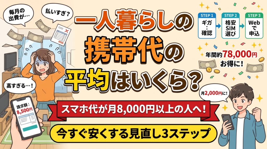 「一人暮らしの携帯代の平均はいくら？」の文字と、高額請求に悩む女性とスマホで安くなり喜ぶ男性のイラスト。「スマホ代が月8,000円以上の人へ！今すぐ安くする見直し3ステップ」の帯と、「STEP 1：ギガ確認」「STEP 2：格安SIM選び」「STEP 3：Webで申込」の3手順、年間約78,000円お得に・月2,000円に！という効果を示すアイキャッチ画像。
