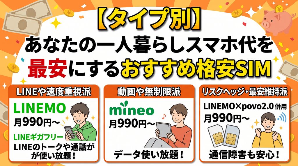 【タイプ別】あなたの一人暮らしスマホ代を最安にするおすすめ格安SIM：①LINEや速度重視派「LINEMO（月990円〜/LINEギガフリーでトークや通話が使い放題）」、②動画や無制限派「mineo（月990円〜/データ使い放題）」、③リスクヘッジ・最安維持派「LINEMO×povo2.0併用（月990円〜/通信障害も安心）」の3つの選択肢をイラスト付きで比較したまとめ画像