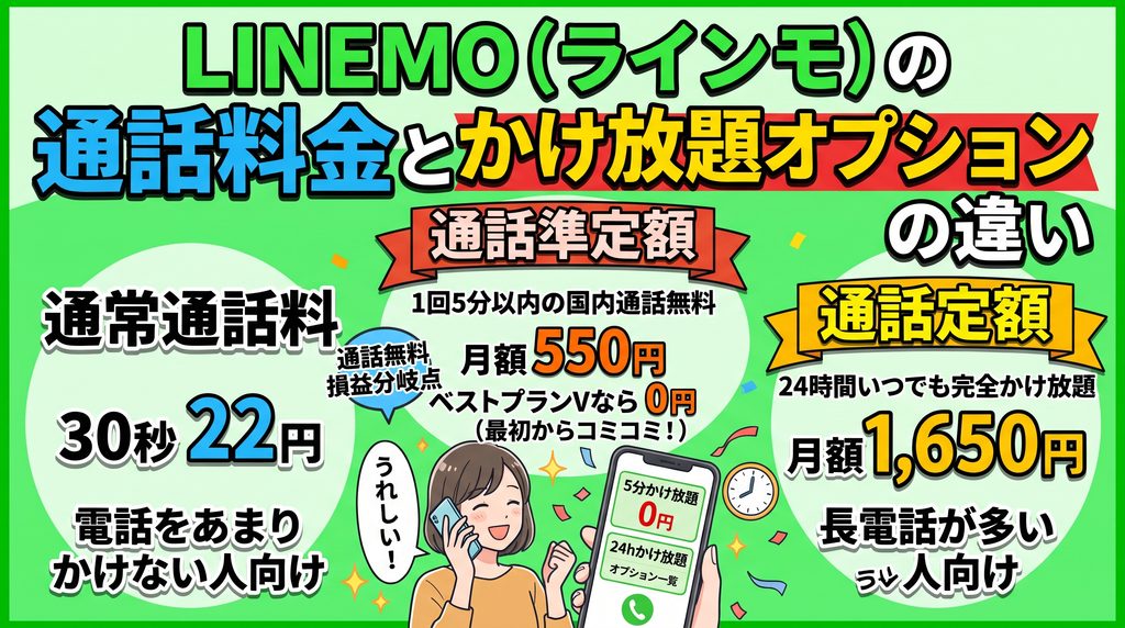 LINEMO（ラインモ）の通話料金とかけ放題オプションの違い：通常通話料（30秒22円）、通話準定額（5分かけ放題/月額550円・ベストプランVなら0円）、通話定額（完全かけ放題/月額1,650円）の比較図解イラスト