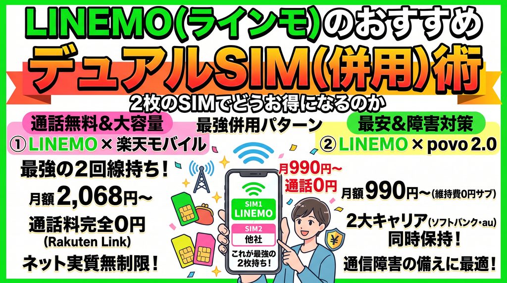 LINEMO（ラインモ）のおすすめデュアルSIM（併用）術：①LINEMO×楽天モバイル（月額2,068円〜で通話料完全0円＆ネット実質無制限）、②LINEMO×povo 2.0（月額990円〜でソフトバンクとauの2大キャリア同時保持・通信障害対策）の最強併用パターン比較イラスト