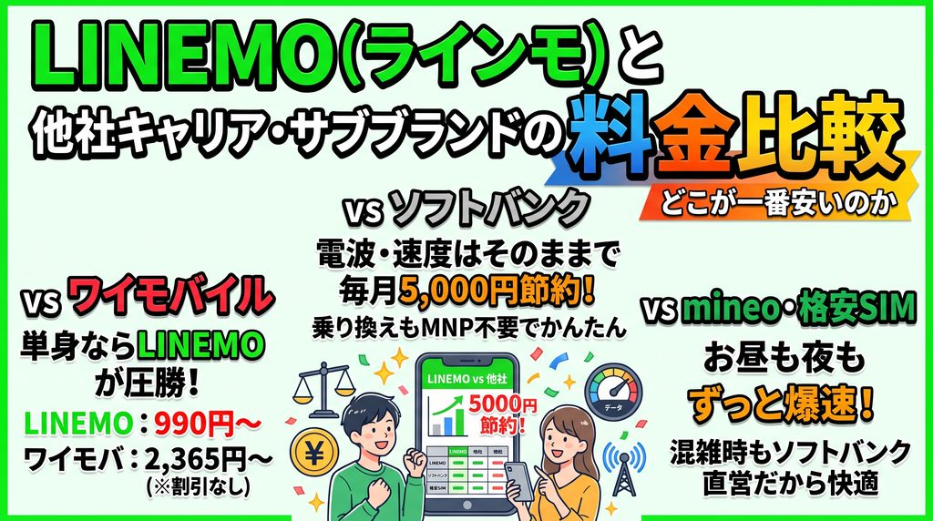 LINEMO（ラインモ）と他社キャリア・サブブランドの料金比較：vs ワイモバイル（単身なら割引なしで990円〜のLINEMOが圧勝）、vs ソフトバンク（電波そのまま毎月5,000円節約）、vs mineo・格安SIM（昼も夜も混雑時ずっと爆速）の比較図解イラスト
