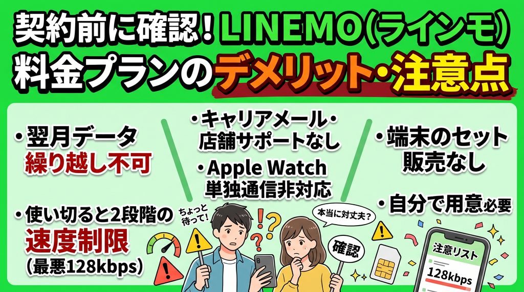 契約前に確認！LINEMO（ラインモ）料金プランのデメリット・注意点：翌月データ繰り越し不可、超過時の2段階速度制限（最悪128kbps）、端末のセット販売なし（自分で用意必要）、キャリアメール・店舗サポートなし・Apple Watch単独通信非対応の注意点まとめイラスト