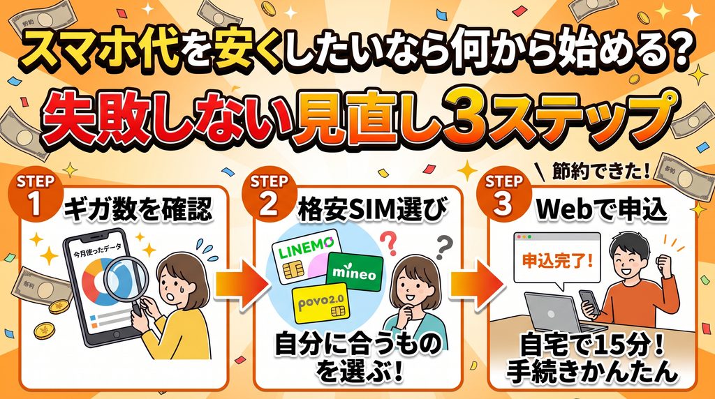 「スマホ代を安くしたいなら何から始める？失敗しない見直し3ステップ」のタイトルと、3つの手順（STEP 1：ギガ数を確認、STEP 2：格安SIM選び、STEP 3：Webで申込）を左から右へ矢印で繋いだ解説イラスト。各ステップには、スマホデータを調べる女性、LINEMOやmineoなどから選ぶ女性（自分に合うものを選ぶ！）、パソコンで自宅から申し込む男性（自宅で15分！手続きかんたん）が描かれています。