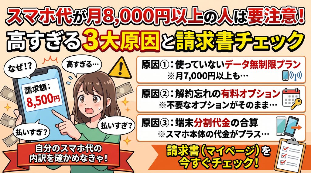 スマホ代が月8,000円以上の人は要注意！高すぎる3大原因と請求書チェック：請求額8,500円に悩む女性と、「原因①：使っていないデータ無制限プラン（月7,000円以上も）」「原因②：解約忘れの有料オプション（不要なオプションがそのまま）」「原因③：端末分割代金の合算（スマホ本体の代金がプラス）」の3大原因、請求書（マイページ）の確認を促す解説イラスト