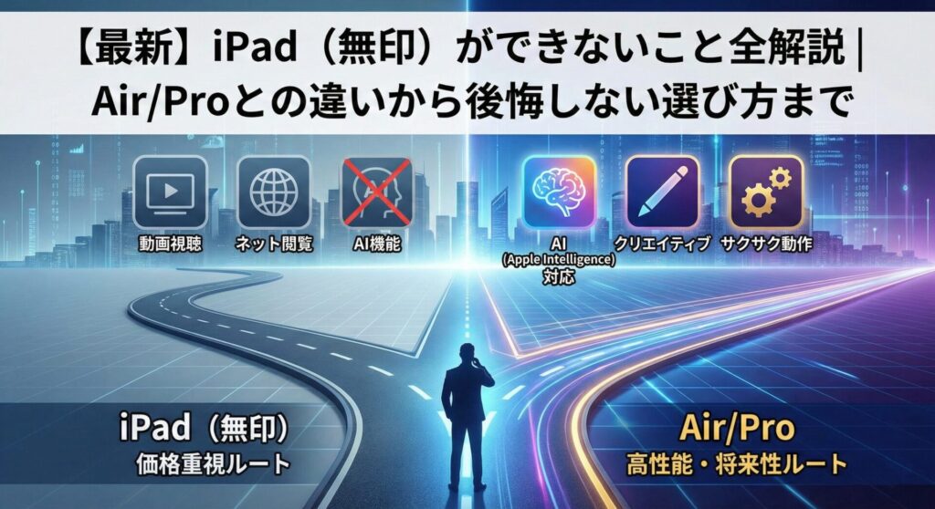 アイキャッチ画像:「【最新】iPad(無印)ができないこと全解説|Air/Proとの違いから後悔しない選び方まで」。中央の人物が、左の「iPad(無印)価格重視ルート」と右の「Air/Pro 高性能・将来性ルート」の分岐点に立つ比較インフォグラフィック。無印は「動画視聴」「ネット閲覧」は可能だが「AI機能」が非対応である一方、Air/Proは「AI(Apple Intelligence)対応」「クリエイティブ」「サクサク動作」が可能であることを対比させ、後悔しないための賢い選び方を視覚的に提示している。