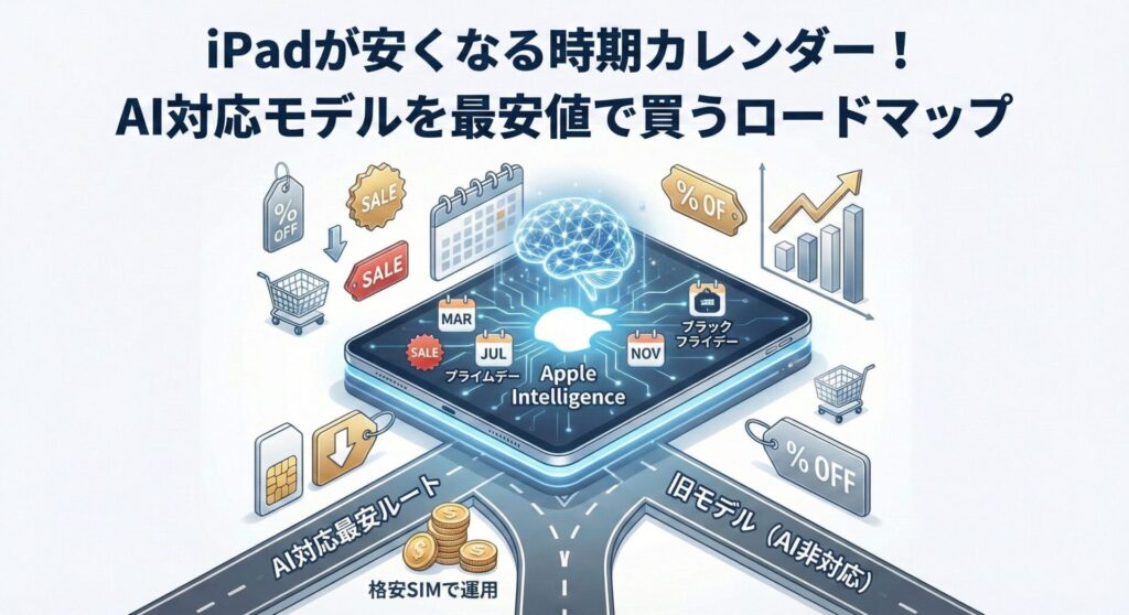 iPadが安くなる時期(3月、7月プライムデー、11月ブラックフライデーなど)のカレンダーと、AI対応モデルを最安値で手に入れるためのロードマップを描いたインフォグラフィック。「AI対応最安ルート(格安SIMで運用)」と「旧モデル(AI非対応)」への分岐点が視覚化されており、賢い購入戦略を提案するアイキャッチ画像。