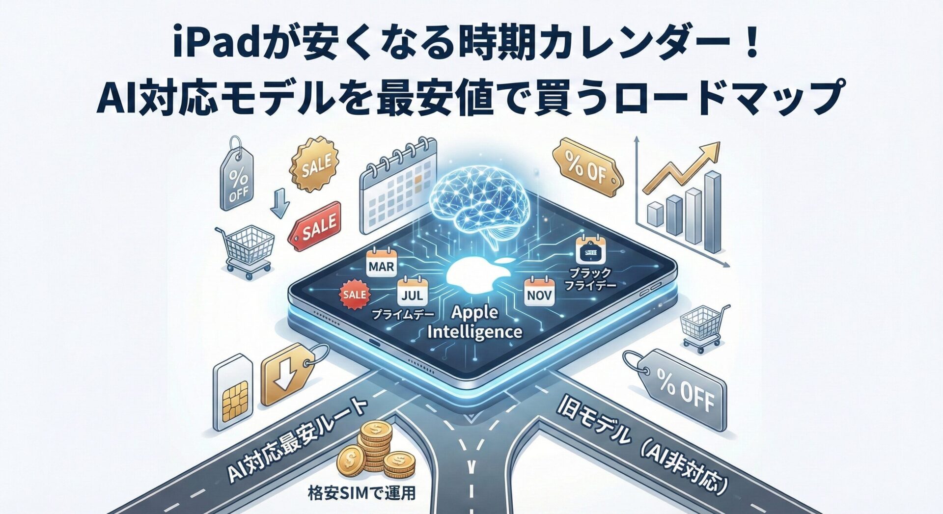 iPadが安くなる時期（3月、7月プライムデー、11月ブラックフライデーなど）のカレンダーと、AI対応モデルを最安値で手に入れるためのロードマップを描いたインフォグラフィック。「AI対応最安ルート（格安SIMで運用）」と「旧モデル（AI非対応）」への分岐点が視覚化されており、賢い購入戦略を提案するアイキャッチ画像。