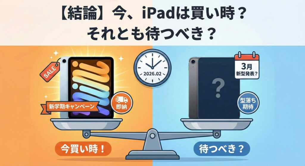 見出し画像:「【結論】今、iPadは買い時?それとも待つべき?」。2026年2月時点の購入判断を天秤で比較したイラスト。左側の「今買い時!」にはSALEや新学期キャンペーン、即納のメリットが、右側の「待つべき?」には3月の新型発表や型落ち期待の要素が描かれている。