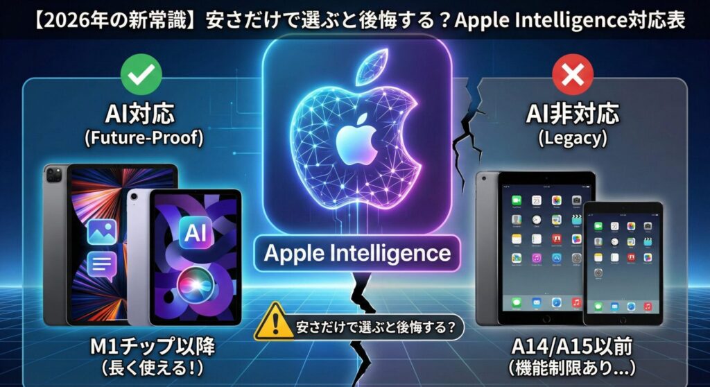 「【2026年の新常識】安さだけで選ぶと後悔する?Apple Intelligence対応表」のインフォグラフィック。左側は「AI対応 (M1チップ以降)」で長く使えるモデル(iPad Pro/Air)、右側は「AI非対応 (A14/A15以前)」で機能制限があるモデル(旧iPad/mini)が対比されている。中央には光る「Apple Intelligence」ロゴと「! 安さだけで選ぶと後悔する?」という警告があり、両者の間に亀裂が入っている。