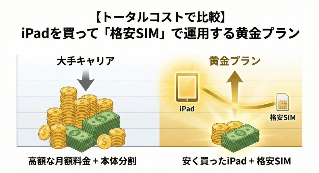見出し画像:「【トータルコストで比較】iPadを安く買って「格安SIM」で運用する黄金プラン」。左側の「大手キャリア(高額な月額料金+本体分割)」と、右側の「黄金プラン(安く買ったiPad+格安SIM)」の総額コストを比較したインフォグラフィック。右側の黄金プランの方が金貨と紙幣の山が小さく、圧倒的に低コストであることを視覚的に対比させている。