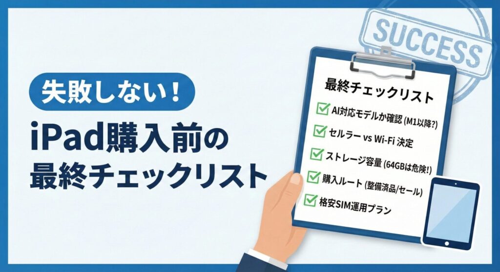 見出し画像:「失敗しない!iPad購入前の最終チェックリスト」。iPad購入を成功(SUCCESS)させるための5つの重要項目(AI対応M1チップ以降の確認、セルラー対Wi-Fiの決定、64GBストレージへの警告、整備済品やセールでの購入ルート、格安SIM運用プラン)にチェックが入ったクリップボードのインフォグラフィック。"