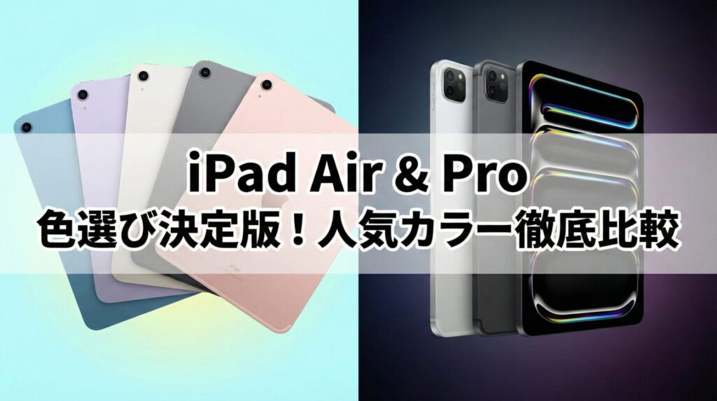 『iPad Air & Pro 色選び決定版！人気カラー徹底比較』というタイトルが中央に配置されたブログアイキャッチ画像。左側にはカラフルなiPad Airの複数モデル、右側にはiPad Proのシルバーとスペースブラックが並べて比較されている。