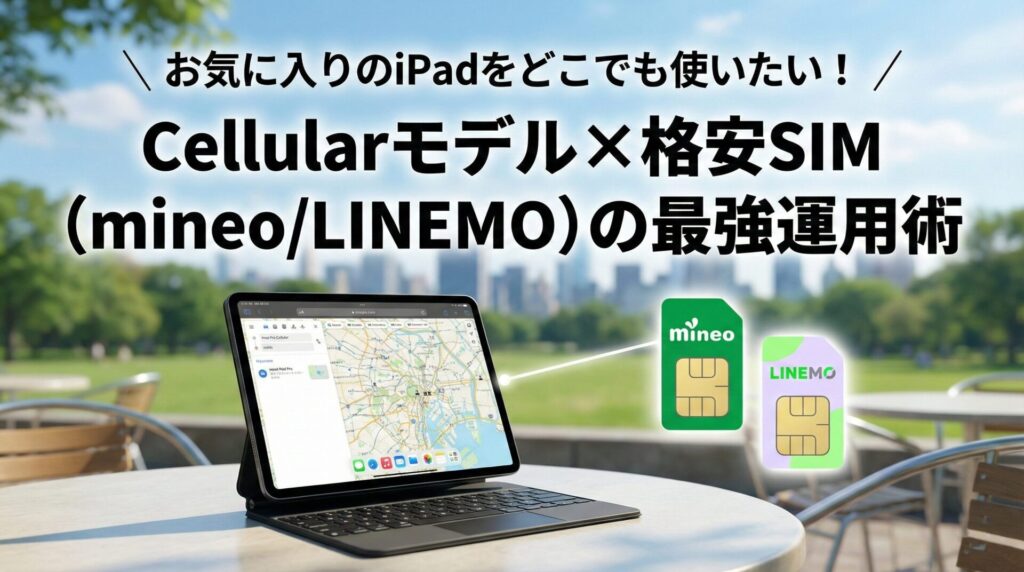 「お気に入りのiPadをどこでも使いたい！ Cellularモデル×格安SIM（mineo/LINEMO）の最強運用術」という見出し画像。公園のテーブルで地図アプリを開いているiPad Cellularモデルと、mineo、LINEMOのSIMカードのイラストが接続されており、屋外での格安SIM活用シーンを表現している。