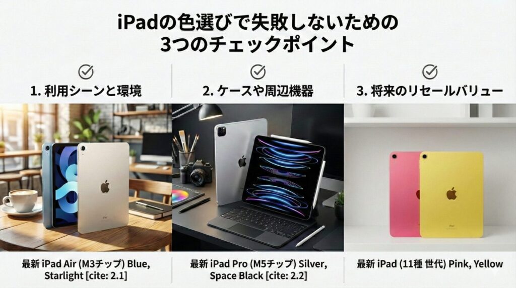 「iPadの色選びで失敗しないための3つのチェックポイント」と題されたインフォグラフィック画像。3つの列に分かれ、左から「1. 利用シーンと環境」ではカフェにある最新iPad Air(M3チップ)のブルーとスターライト、「2. ケースや周辺機器」ではデスクでMagic Keyboard等を装着した最新iPad Pro(M5チップ)のシルバーとスペースブラック、「3. 将来のリセールバリュー」では棚に並ぶ最新iPad(第11世代)のピンクとイエローが、それぞれのモデル名・色名・引用元とともに具体的な利用イメージ図として示されている。