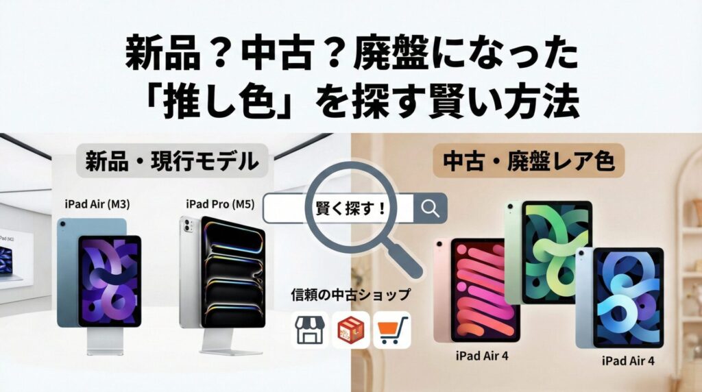 「新品？中古？廃盤になった『推し色』を探す賢い方法」という見出しのインフォグラフィック。左側に「新品・現行モデル」として最新のiPad Air(M3)とiPad Pro(M5)が、右側に「中古・廃盤レア色」としてピンクやグリーンのiPad Air 4が配置されている。中央には「賢く探す！」という検索バーと、信頼できる中古ショップのアイコンが描かれ、新品と中古の両方から理想の色を探す方法を視覚的に表現している。