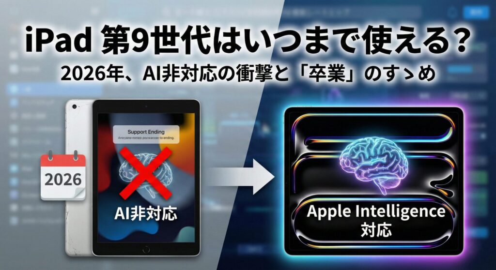iPad 第9世代の寿命と買い替え時を解説したインフォグラフィック。見出し『iPad 第9世代はいつまで使える？ 2026年、AI非対応の衝撃と「卒業」のすゝめ』を中央に配置。左側には2026年のカレンダーとAI非対応を示すバツ印がついた第9世代、右側には輝く脳のアイコンでApple Intelligence対応を表現した最新iPadが対比され、買い替えの必要性を視覚化した画像。