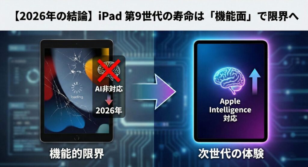 iPad 第9世代の寿命が2026年に限界を迎える理由を視覚化したインフォグラフィック。見出し『【2026年の結論】iPad 第9世代の寿命は「機能面」で限界へ』を記載。左側は「機能的限界」としてAI非対応・ロード中の旧モデルを、右側は「次世代の体験」としてApple Intelligence(AI)対応の最新モデルを対比させた比較画像。
