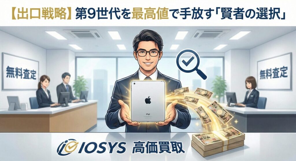 iPad 第9世代を最高値で売却する出口戦略を解説したインフォグラフィック。見出し『【出口戦略】第9世代を最高値で手放す「賢者の選択」』を記載。中央にiPadを持ち微笑む男性、背景には「無料査定」を行う店舗スタッフを描写。下部に「IOSYS(イオシス)高価買取」のロゴと現金のイラストを含み、信頼できる買取店での現金化を推奨する視覚資料。
