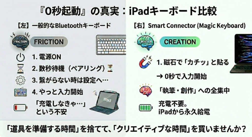iPadキーボード選びの比較図。Bluetooth接続とSmart Connector(Magic Keyboard)の違いを解説。0秒起動・ペアリング不要・充電不要というMagic Keyboardのメリットと、作業開始までの「摩擦(ストレス)」をゼロにして生産性を最大化する仕組みを図解。