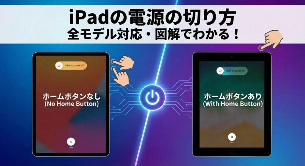 iPad全モデルの電源の切り方を比較図解したブログ用アイキャッチ画像。上部に『iPadの電源の切り方 全モデル対応・図解でわかる！』という大きなタイトル。中央の電源アイコンを境に、左側には最新の「ホームボタンなし」モデルのボタン操作（2点押し）、右側には「ホームボタンあり」モデルのボタン操作（1点押し）を、それぞれ指差しのイラスト付きで分かりやすく対比させている。全てのiPadユーザーが自分の機種に合った終了手順を即座に理解できる構成のメインビジュアル。