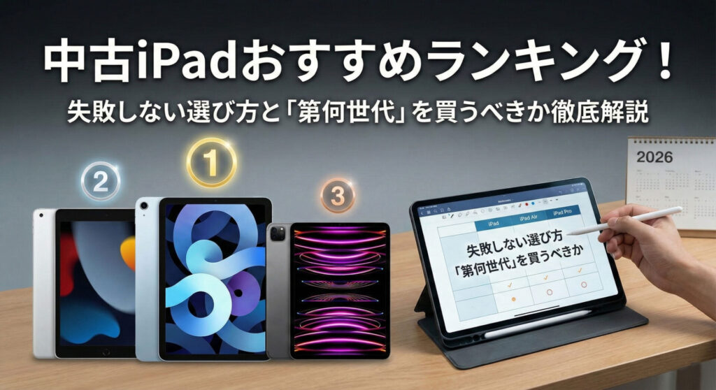 中古iPadおすすめランキング！失敗しない選び方と「第何世代」を買うべきか徹底解説。1位から3位までのiPadモデルと、選び方の比較表をApple Pencilで指し示しているアイキャッチ画像。