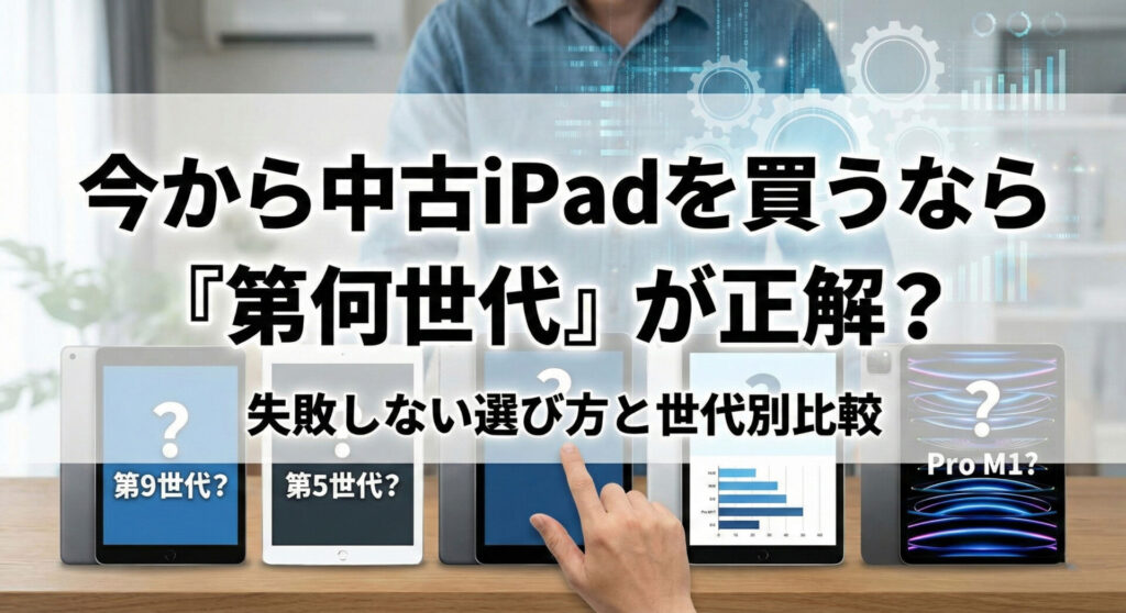 「今から中古iPadを買うなら『第何世代』が正解？ 失敗しない選び方と世代別比較」というテキストが含まれる見出し画像。デスクに並んだiPad第9世代、iPad Air第5世代、iPad Pro M1モデルの中から、どれを選ぶべきか指を差して比較検討している様子。