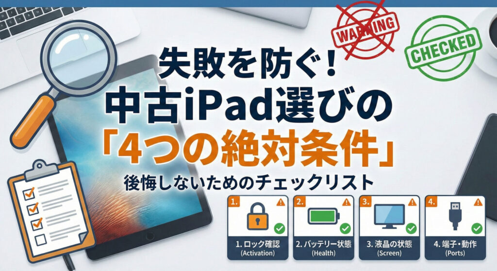 「失敗を防ぐ！中古iPad選びの『4つの絶対条件』」という見出し画像。後悔しないためのチェックリストとして、虫眼鏡とクリップボードを使い、iPadの「1.ロック確認（アクティベーション）」「2.バッテリー状態」「3.液晶の状態」「4.端子・動作」をプロ視点で検品する重要性を解説したインフォグラフィック。