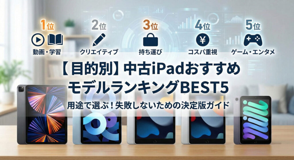 【目的別】中古iPadおすすめモデルランキングBEST5の見出し画像。1位「動画・学習」、2位「クリエイティブ」、3位「持ち運び」、4位「コスパ重視」、5位「ゲーム・エンタメ」の5つの用途別に、最適な中古iPadを順位付けして紹介している比較ガイド図解。
