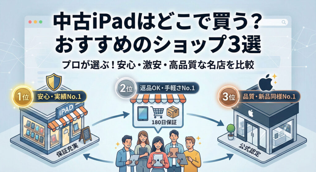 中古iPadおすすめショップ3選の比較図解。1位イオシス（安心・実績・保証充実）、2位Amazon整備済製品（180日保証・返品可）、3位Apple認定整備済製品（公式認定・新品同様の品質）を紹介するガイド。