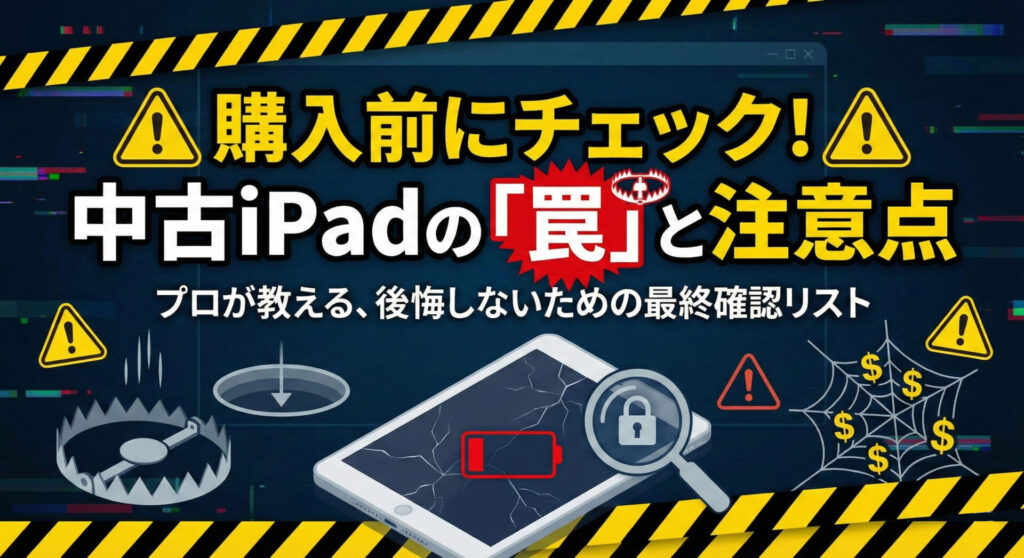 「購入前にチェック！中古iPadの『罠』と注意点」というテキストが入った見出し画像。画面割れ、バッテリー劣化、アクティベーションロックなどのリスクを象徴するイラストや警告アイコンを配置し、中古iPad購入におけるトラブル回避とプロ視点の最終確認リストを表現したインフォグラフィック。