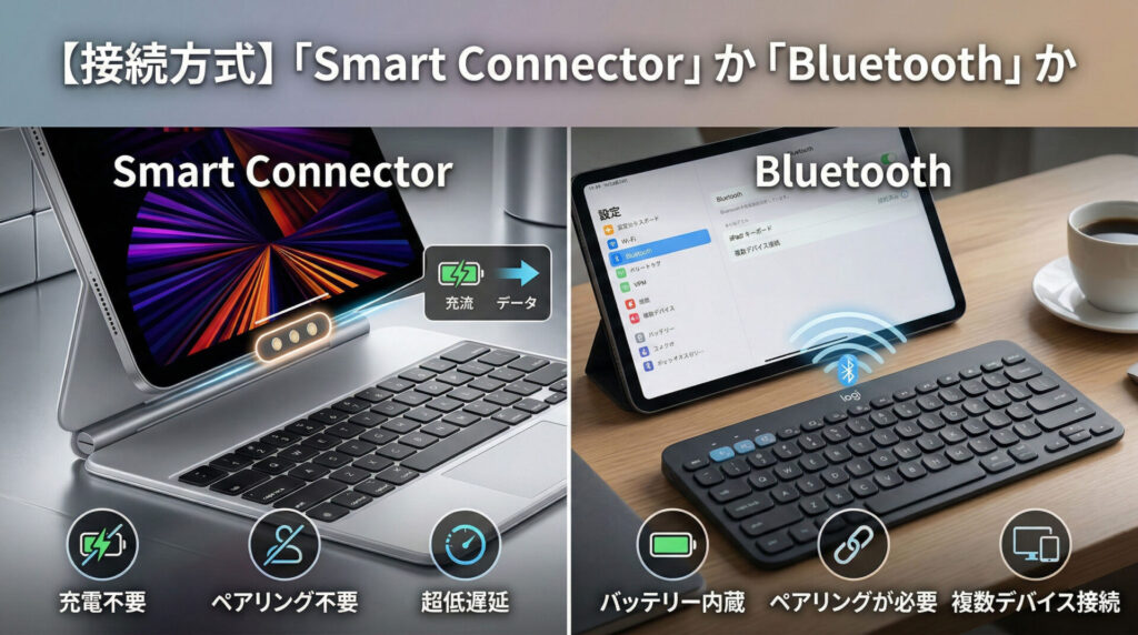 iPadキーボード選びにおける2つの接続方式「Smart Connector」と「Bluetooth」を比較するインフォグラフィック(見出し画像)。上部には「【接続方式】「Smart Connector」か「Bluetooth」か」というタイトルがある。左側は「Smart Connector」の解説で、Apple Magic Keyboardを装着したiPad Proの Smart Connector 接点部分(「充電 データ」の流れ)が強調されている。その下には、⚡「充電不要」、❌「ペアリング不要」、⏱️「超低遅延」というメリットを伝える3つのアイコンとテキストがある。右側は「Bluetooth」の解説で、Logitech (ロジクール) 製キーボード(グレー、例: K380)とiPadが Bluetooth 信号(波形アイコン)でワイヤレス接続されている様子と、iPad画面の設定画面が示されている。その下には、🔋「バッテリー内蔵」、🔗「ペアリングが必要」、💻「複数デバイス接続」という特徴を伝える3つのアイコンとテキストがある。
