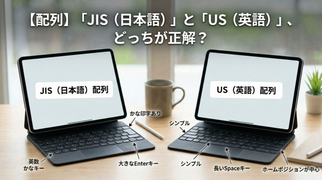 iPadキーボードの配列比較図。タイトルは「【配列】「JIS(日本語)」と「US(英語)」、どっちが正解?」。左側にJIS(日本語)配列のMagic Keyboardがあり、「大きなEnterキー」「かな印字あり」「英数・かなキー」の特徴を指している。右側にUS(英語)配列があり、「シンプルなデザイン」「長いSpaceキー」「ホームポジションが中心」というメリットを指している。2枚のiPadを並べて、視覚的に構造の差を解説しているインフォグラフィック。