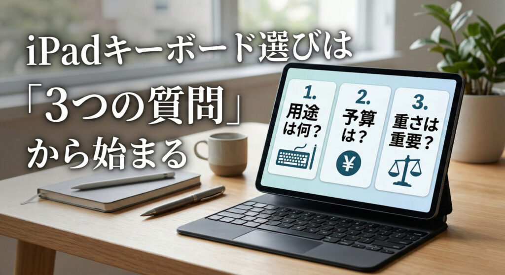 iPad ProとMagic Keyboardを木目調のデスクに配置した画像。画像の左側には「iPadキーボード選びは『3つの質問』から始まる」というテキストが重なっている。iPadの画面には、1. 用途(キーボードとペンのアイコン)、2. 予算(¥アイコン)、3. 重さ(天秤アイコン)に関する3つの質問が表示されている。背景には窓、マグカップ、ノートがある。