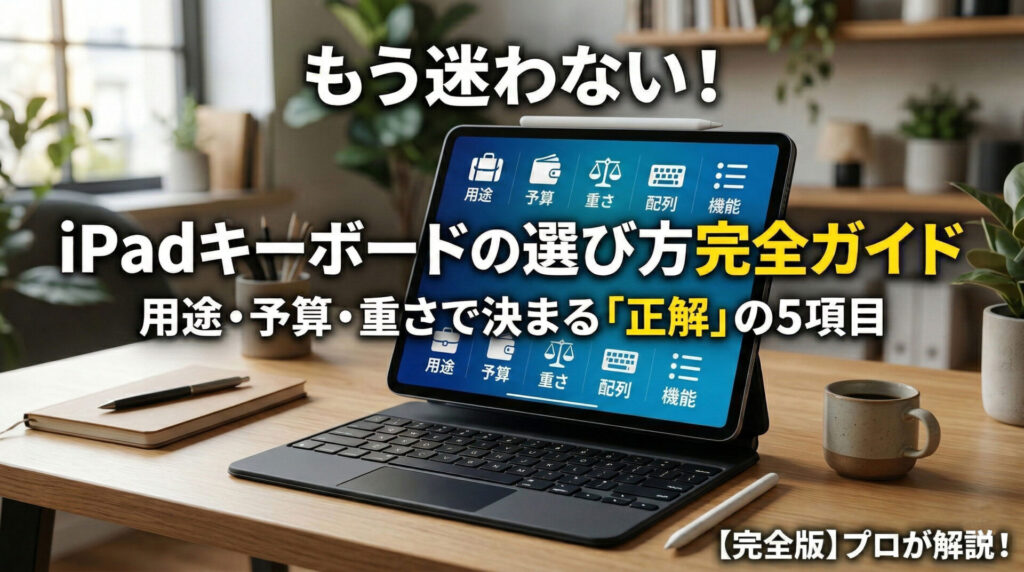 木目のデスクに置かれた、Apple iPad ProとMagic Keyboard（ブラック）。画面にはiPadキーボードの選び方に関する日本語テキストが表示されており、上部に「もう迷わない！」、画面に「用途」「予算」「重さ」「配列」「機能」の5項目、下部に「iPadキーボードの選び方 完全ガイド」「用途・予算・重さで決まる「正解」の5項目」と記載されている。右下には「【完全版】プロが解説！」のバッジがある。
