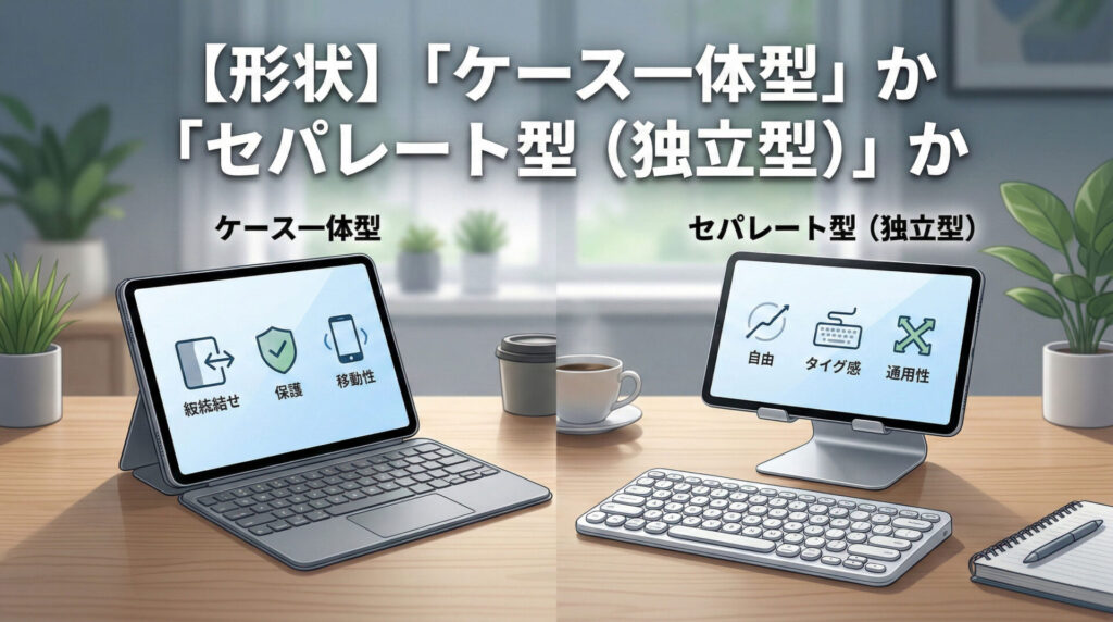 iPadキーボードの形状比較図。見出しは「【形状】「ケース一体型」か「セパレート型(独立型)」か」。左側は「ケース一体型」で、iPadとキーボードが一体化した製品(Magic Keyboard風)と、接続・保護・移動性のメリットを示すアイコンを表示。右側は「セパレート型(独立型)」で、iPadをスタンドに置き、手前に分離したBluetoothキーボードを配置したスタイル。自由・タイピング感・汎用性のメリットを示すアイコンが表示されている。背景は明るいデスク環境。