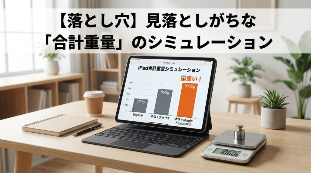 iPadの合計重量シミュレーションを解説するインフォグラフィック。タイトルは「【落とし穴】見落としがちな『合計重量』のシミュレーション」。iPadの画面には棒グラフが表示されており、本体のみ(470g)、本体+フォリオ(850g)、本体+Magic Keyboard(1060g)と段階的に重くなる様子が示されている。1060gの上には「重い!」という警告とアイコンがある。手前のデジタル秤には1060gという数値が表示されており、Magic Keyboard装着時の重量がMacBook Airに迫る重さであることを視覚的に警告している。
