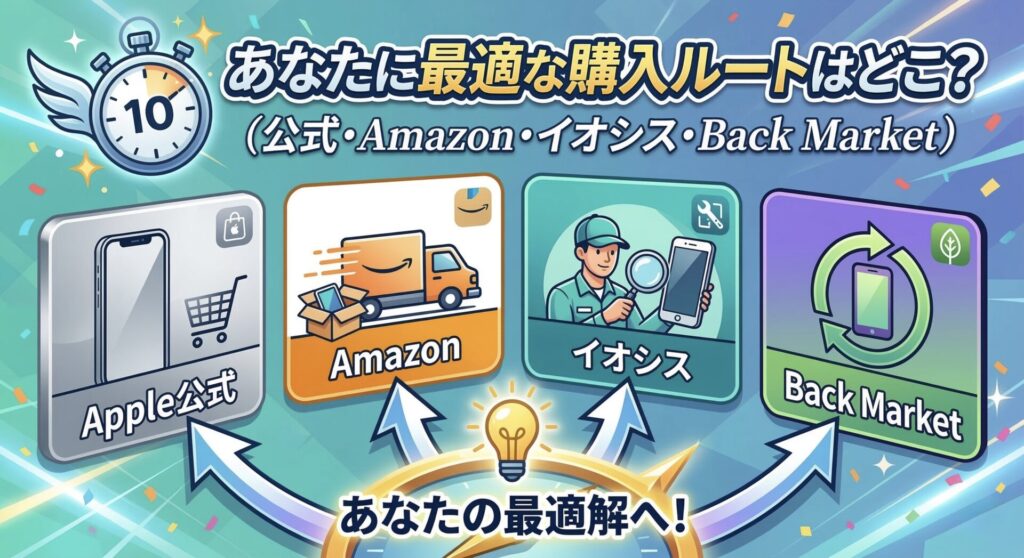 iPadの整備済製品・中古購入ルート比較診断。Apple公式、Amazon整備済み品、イオシス、Back Marketの4大販路の特徴を10秒で判別できるアイキャッチ画像。