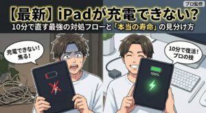 プロ監修記事「【最新】iPadが充電できない？10分で直す最強の対処フローと「本当の寿命」の見分け方」のアイキャッチイラスト。左側は充電マークにバツ印がつき「充電できない！焦る！」と困惑する様子、右側は適切な対処により100%充電され「10分で復活！プロの技」と喜ぶ様子を対比させ、具体的な解決策とバッテリー寿命の判断基準を提示する内容であることを視覚的に表現している。