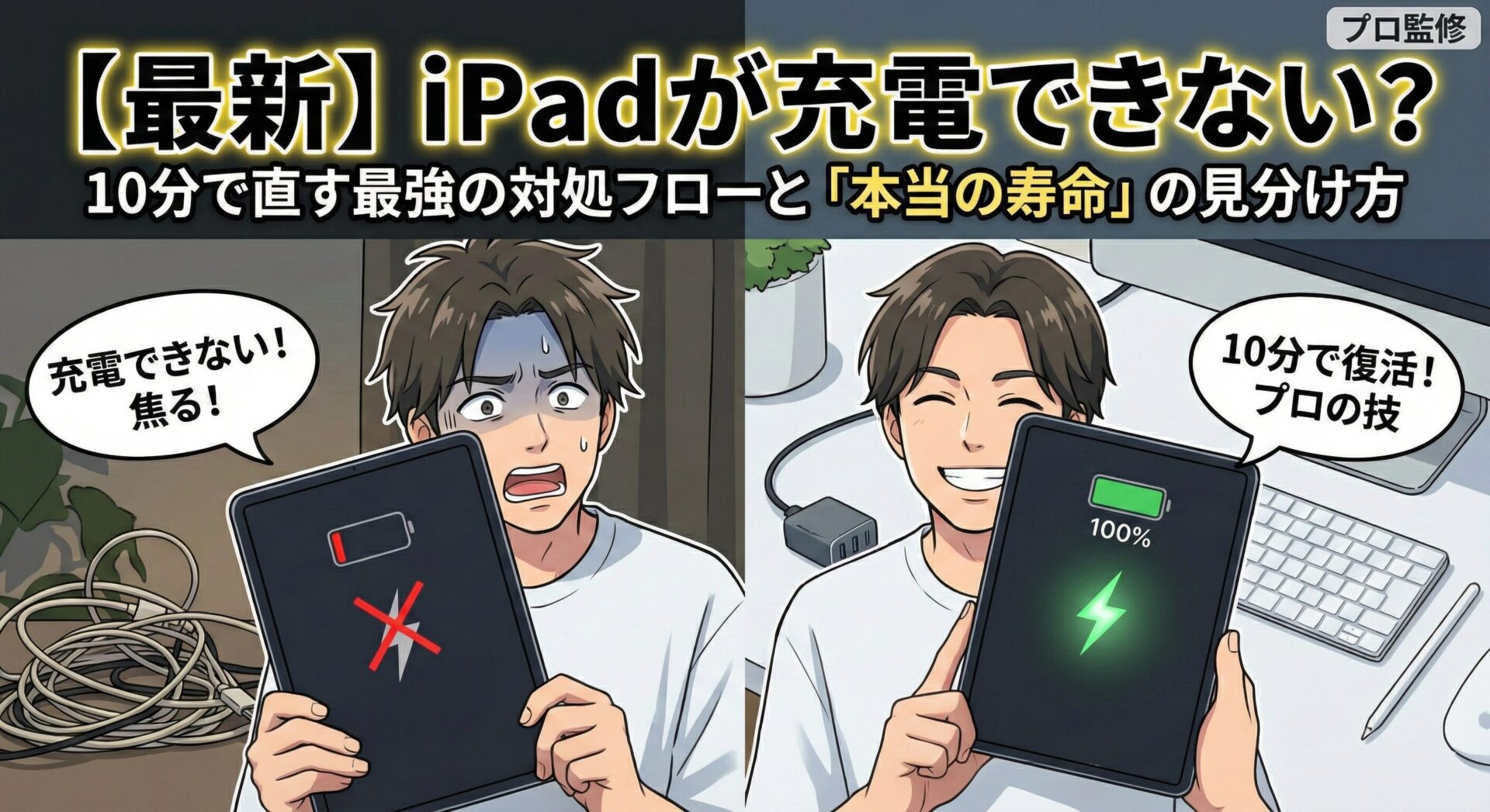 プロ監修記事「【最新】iPadが充電できない?10分で直す最強の対処フローと「本当の寿命」の見分け方」のアイキャッチイラスト。左側は充電マークにバツ印がつき「充電できない!焦る!」と困惑する様子、右側は適切な対処により100%充電され「10分で復活!プロの技」と喜ぶ様子を対比させ、具体的な解決策とバッテリー寿命の判断基準を提示する内容であることを視覚的に表現している。