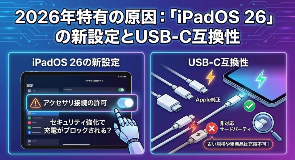 2026年におけるiPadの充電トラブルの特有の原因を解説した図解インフォグラフィック。上部に大見出しで「2026年特有の原因:『iPadOS 26』の新設定とUSB-C互換性」と記載。左側のパネルは「iPadOS 26の新設定」として、設定画面内の「アクセサリ接続の許可」という項目が警告マークと共に強調され、「セキュリティ強化で充電がブロックされる?」というテキストとロボットの手が描かれている。右側のパネルは「USB-C互換性」として、Apple純正ケーブル(チェックマーク付き)と非対応サードパーティケーブル(バツマーク付き)が比較され、「古い規格や粗悪品は充電不可!」という警告テキストと虫眼鏡が描かれている。最新OSの設定とケーブルの規格という2つの側面から充電できない原因を視覚的に説明している。