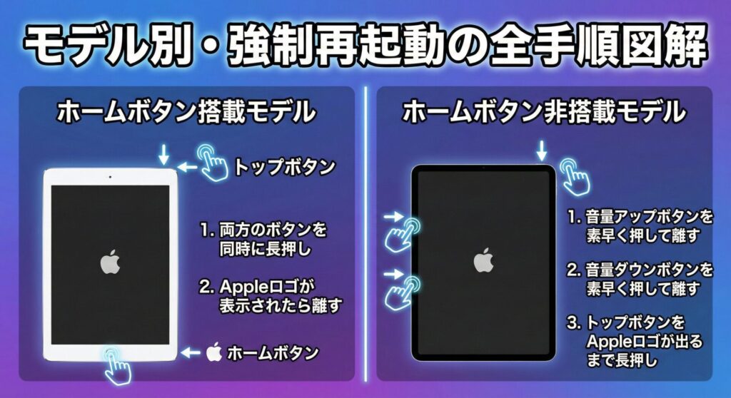 iPadのモデル別(ホームボタン搭載・非搭載)の強制再起動の全手順を解説した図解インフォグラフィック。上部に大見出しで「モデル別・強制再起動の全手順図解」と記載。左側のパネルは「ホームボタン搭載モデル」として、トップボタンとホームボタンの位置を示す矢印と共に、「1. 両方のボタンを同時に長押し」「2. Appleロゴが表示されたら離す」という2ステップの手順が指のアイコン付きで示されている。右側のパネルは「ホームボタン非搭載モデル」として、音量ボタンとトップボタンの位置を示す矢印と共に、「1. 音量アップボタンを素早く押して離す」「2. 音量ダウンボタンを素早く押して離す」「3. トップボタンをAppleロゴが出るまで長押し」という3ステップの手順が指のアイコン付きで示されている。左右のパネルで異なる操作方法を並列して比較・提示している。