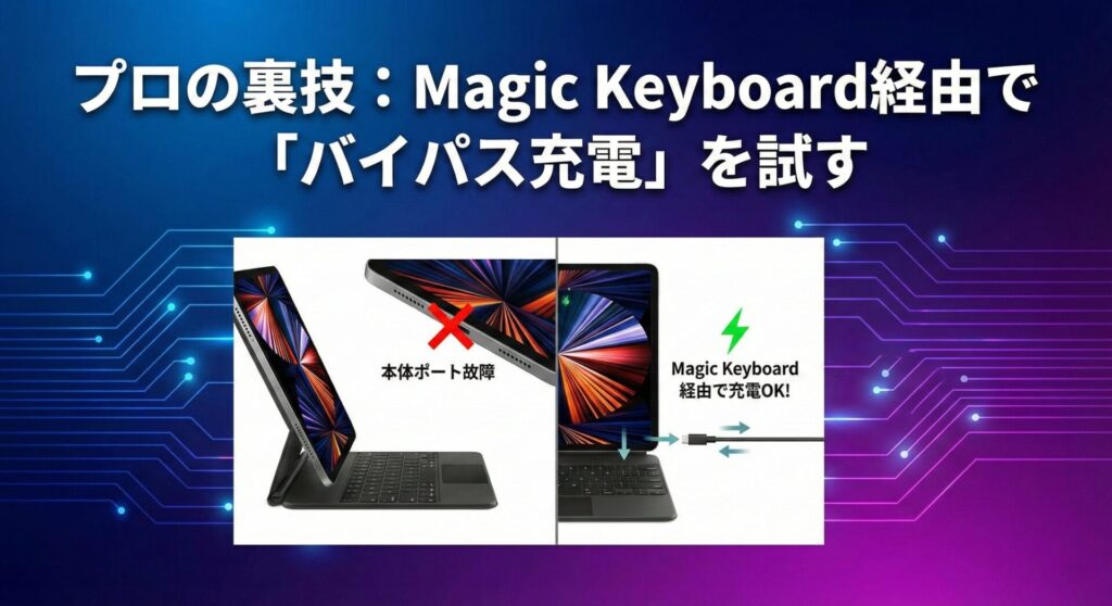 iPadの本体充電ポートが故障した場合に、Magic Keyboardを経由して「バイパス充電」を行うプロの裏技を解説した図解インフォグラフィック。上部に大見出しで「プロの裏技:Magic Keyboard経由で『バイパス充電』を試す」と記載。左側の画像は、iPad本体のUSB-Cポートに赤いバツ印が付き「本体ポート故障」と示されている。右側の画像は、Magic Keyboardのヒンジ部分にあるポートに充電ケーブルが接続され、緑色の稲妻マークと共に「Magic Keyboard経由で充電OK!」と示されている。本体の端子が壊れてもMagic Keyboardがあれば充電が可能であることを視각的に比較・提示している。