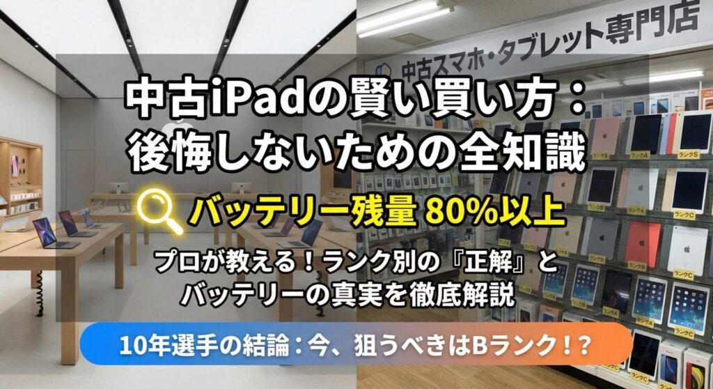 Apple認定整備済製品と中古スマホ専門店を比較し、後悔しない中古iPadの選び方を解説したアイキャッチ画像。バッテリー最大容量80%以上の基準やランク別（S/A/B/C）の正解、10年の経験から導き出した「Bランク推奨」の結論を視覚化したインフォグラフィック。