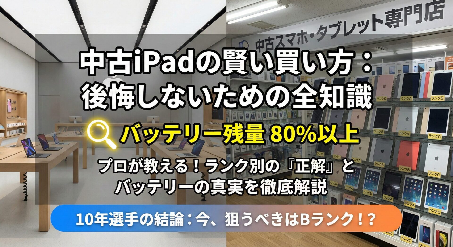 Apple認定整備済製品と中古スマホ専門店を比較し、後悔しない中古iPadの選び方を解説したアイキャッチ画像。バッテリー最大容量80%以上の基準やランク別（S/A/B/C）の正解、10年の経験から導き出した「Bランク推奨」の結論を視覚化したインフォグラフィック。