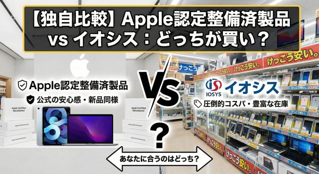 Apple認定整備済製品（公式の安心感・新品同様の品質）と、中古スマホ専門店イオシス（圧倒的コスパ・豊富な在庫数）を徹底比較したインフォグラフィック画像。自分に合った中古iPadの最適な購入先を判断するための対比図解。