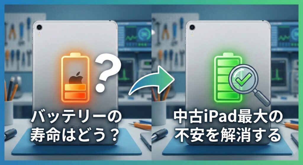中古iPad購入時に最も懸念される「バッテリー寿命」への不安が、適切な検証によって「安心」へと変わる様子を視覚化したインフォグラフィック画像。左側の「寿命はどう？（クエスチョンマーク）」の状態から、矢印を経て右側の「最大の不安を解消する（チェックマーク付き満充電）」状態への変化を描写。見出し「バッテリーの寿命はどう？中古iPad最大の不安を解消する」の内容を要約したアイキャッチ。