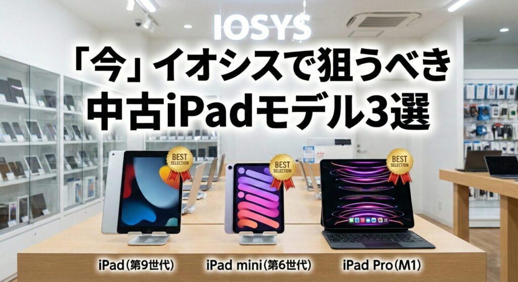 中古スマホ・タブレット専門店イオシス（IOSYS）の店舗内で、現在狙うべきおすすめの中古iPadモデル3選（iPad第9世代、iPad mini第6世代、M1搭載iPad Pro）を実機で紹介しているブログの見出し画像。「BEST SELECTION」のバッジが付いた3機種が並ぶ様子を撮影した写真。