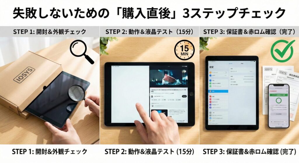 中古iPad購入直後に失敗しないための「3ステップチェック」手順をまとめた写真付きインフォグラフィック。STEP1：イオシスの箱を開封し虫眼鏡で外観の傷をチェックする様子。STEP2：15分間の動画再生で動作と液晶を確認するテスト。STEP3：設定画面のIMEIと保証書、赤ロム確認が完了した状態。